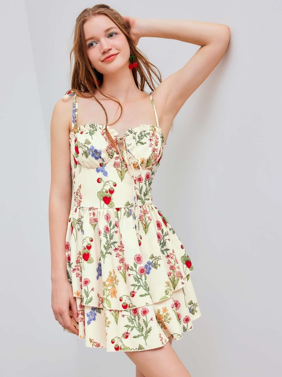 Cider Dresses & Skirts - Cider Cream Floral & Strawberry Tiered Mini Dress Size Small (Sold out online!)
